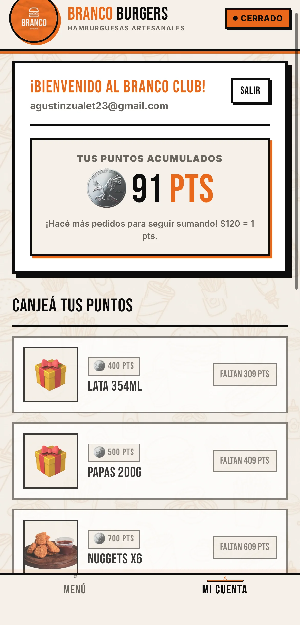Sistema de puntos y canjes - Branco Burgers